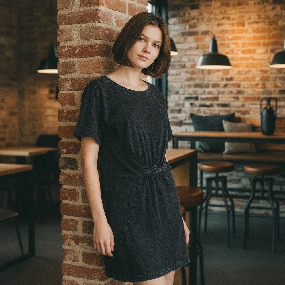 Cleobella‎ S Washed Black Knot Front Short Sleeve Dress Casual Mini Street Edge